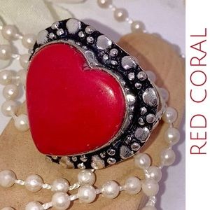 Red Coral Gemstone Handmade Heart Halo Ring